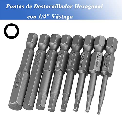 Treki Juego de 8 Puntas de Destornillador Hexagonales de 1/4" Puntas de Destornillador Hexagonal Puntas Destornillador Allen 50mm H1.5-H8 Magnético Puntas Destornillador Electrico