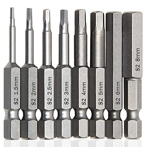 Treki Juego de 8 Puntas de Destornillador Hexagonales de 1/4" Puntas de Destornillador Hexagonal Puntas Destornillador Allen 50mm H1.5-H8 Magnético Puntas Destornillador Electrico