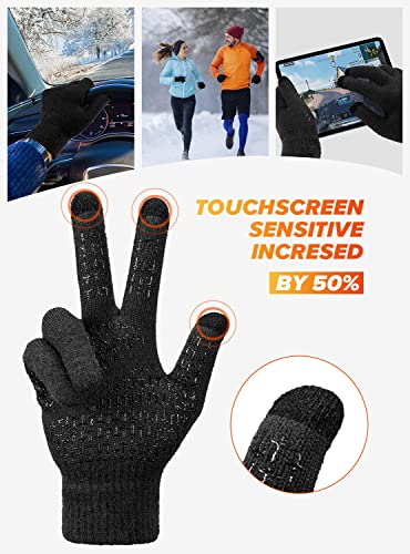 TRENDOUX Guantes de invierno unisex, para pantalla táctil, agarre antideslizante, forro cálido, puños elásticos, material de punto, guantes de nieve para bicicleta, correr, color negro, L