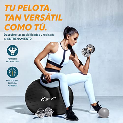 TRESKO® Pelota de Gimnasia Anti-Reventones | Bola de Yoga Pilates y Ejercicio | Balón para Sentarse | Balon de Ejercicio para Fitness | 300 kg | con Bomba de Aire | Negro | 75cm