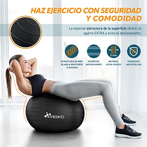 TRESKO® Pelota de Gimnasia Anti-Reventones | Bola de Yoga Pilates y Ejercicio | Balón para Sentarse | Balon de Ejercicio para Fitness | 300 kg | con Bomba de Aire | Negro | 75cm