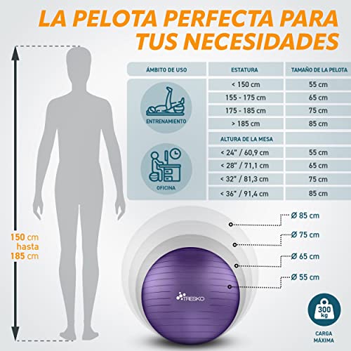 TRESKO® Pelota de Gimnasia Anti-Reventones | Bola de Yoga Pilates y Ejercicio | Balón para Sentarse | Balon de Ejercicio para Fitness | 300 kg | con Bomba de Aire | Púrpura | 85cm