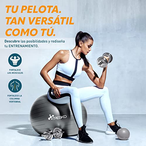 TRESKO® Pelota de Gimnasia Anti-Reventones | Bola de Yoga Pilates y Ejercicio | Balón para Sentarse | Balon de Ejercicio para Fitness | 300 kg | con Bomba de Aire | Gris | 75cm