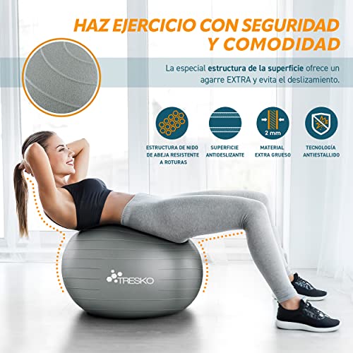 TRESKO® Pelota de Gimnasia Anti-Reventones | Bola de Yoga Pilates y Ejercicio | Balón para Sentarse | Balon de Ejercicio para Fitness | 300 kg | con Bomba de Aire | Gris | 75cm