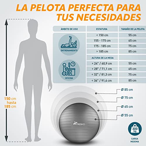 TRESKO® Pelota de Gimnasia Anti-Reventones | Bola de Yoga Pilates y Ejercicio | Balón para Sentarse | Balon de Ejercicio para Fitness | 300 kg | con Bomba de Aire | Gris | 75cm