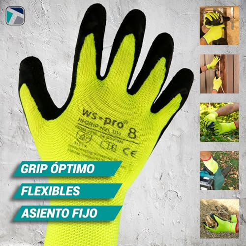 Trevendo 12 pares de guantes de trabajo - guantes de montaje amarillo neón con revestimiento de látex (talla 9)