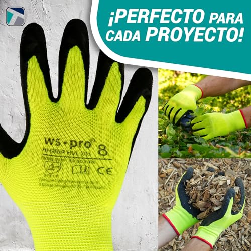 Trevendo 12 pares de guantes de trabajo - guantes de montaje amarillo neón con revestimiento de látex (talla 9)