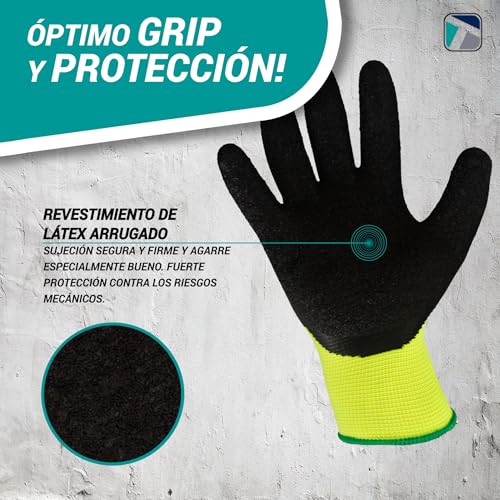 Trevendo 12 pares de guantes de trabajo - guantes de montaje amarillo neón con revestimiento de látex (talla 9)