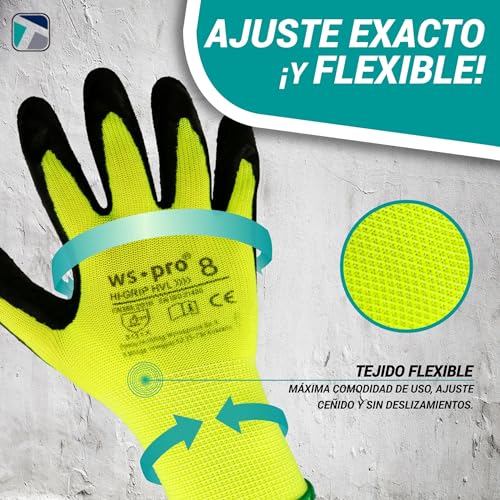 Trevendo 12 pares de guantes de trabajo - guantes de montaje amarillo neón con revestimiento de látex (talla 9)