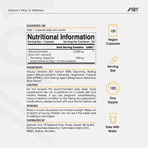 Tribulus Terrestris Extract 5000mg – High Strength 95% Saponins – Non GMO, Gluten Free, Halal – 120 Vegan Capsules
