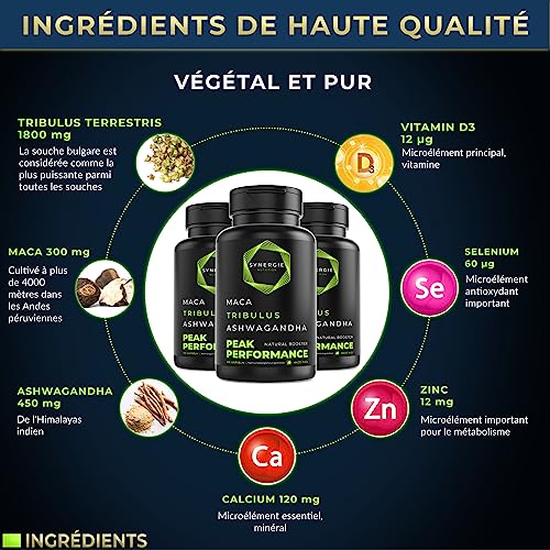 Tribulus Terrestris + Maca + Ashwagandha | Extracto 10:1 Con 92% Saponinas | Zn, Se, Ca, Vit.D | Fuerza, Resistencia, Recuperación Muscular | 160 cápsulas | Peak Performance de Synergie Nutrition