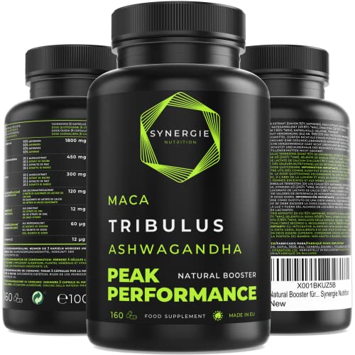 Tribulus Terrestris + Maca + Ashwagandha | Extracto 10:1 Con 92% Saponinas | Zn, Se, Ca, Vit.D | Fuerza, Resistencia, Recuperación Muscular | 160 cápsulas | Peak Performance de Synergie Nutrition