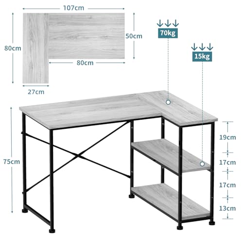 TRIUMPHKEY 110CM Escritorio en L Escritorio de Esquina con Estantes Reversibles Izquierda o Derecha Estación de Trabajo de Ordenador Escritorio de Estudio Escritorio Oficina Estantes Almacenaje Gris