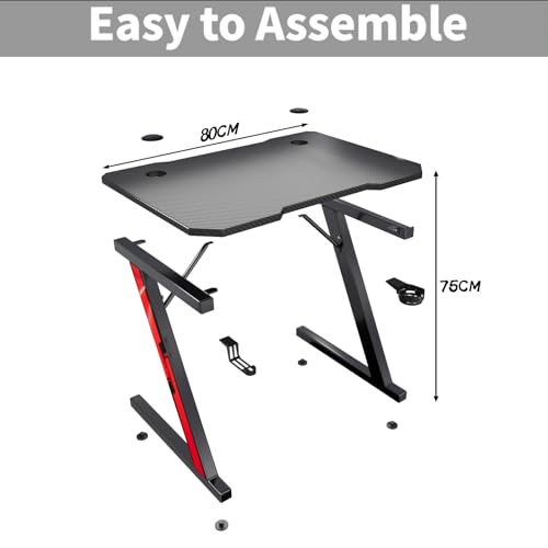 TRIUMPHKEY Escritorio Gaming,Mesa Gaming,Mesa PC Robusta Escritorio Ordenador,Mesa Superficie Fibra de Carbono,Gancho para Auriculares Portavasos,Mesa Escritorio Gaming Forma de Z (80x52cm, Negro)