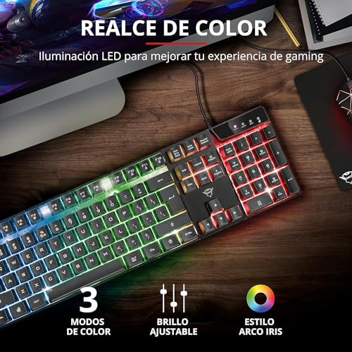 Trust Gaming GXT 835 Azor Teclado Retroiluminado, Disposición QWERTY Español, LED Iluminación, Teclado Alámbrico Gaming para Windows, Mac, PC, Ordenador, Portátil - Negro