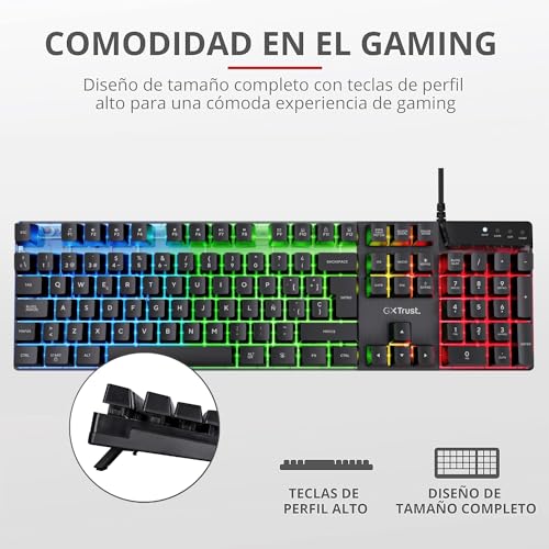 Trust Gaming GXT 835 Azor Teclado Retroiluminado, Disposición QWERTY Español, LED Iluminación, Teclado Alámbrico Gaming para Windows, Mac, PC, Ordenador, Portátil - Negro