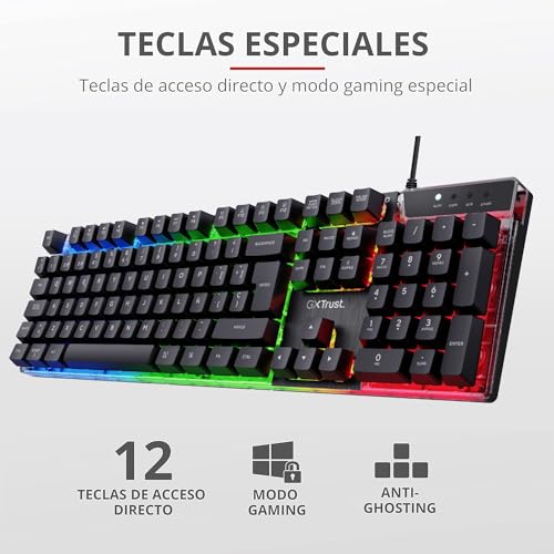 Trust Gaming GXT 835 Azor Teclado Retroiluminado, Disposición QWERTY Español, LED Iluminación, Teclado Alámbrico Gaming para Windows, Mac, PC, Ordenador, Portátil - Negro