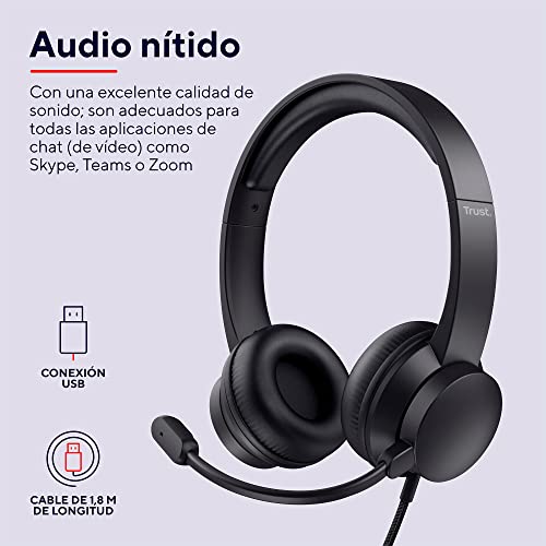 Trust Roha - Auriculares con Micrófono PC, Cómodo Suaves Almohadillas de Polipiel, Diadema Ajustable, Conexión USB, Control de Volumen en el Cable, per Oficina, Skype, Teams, Videoconferencia, Zoom