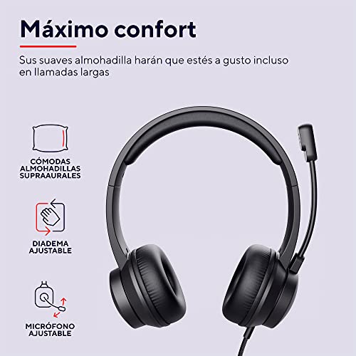 Trust Roha - Auriculares con Micrófono PC, Cómodo Suaves Almohadillas de Polipiel, Diadema Ajustable, Conexión USB, Control de Volumen en el Cable, per Oficina, Skype, Teams, Videoconferencia, Zoom