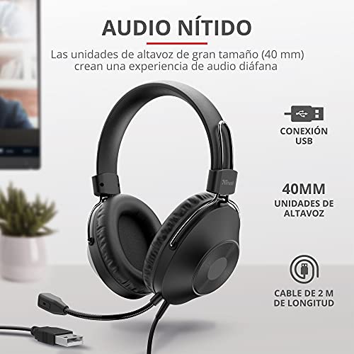 Trust Zaru - Auriculares con Micrófono PC, Cómodas Almohadillas Circumaurales, Diadema Ajustable, Conexión USB, Control de Volumen en el Cable, per Oficina, Skype, Teams, Videoconferencia, Zoom, Negro