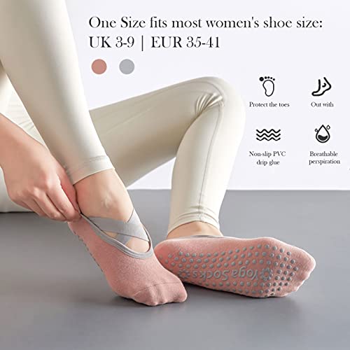 TSHAOUN 2 Paar Yoga Socken rutschfeste, rutschfeste Pilates-Socken für Damen, antirutschsocken für Yoga, Pilates, Tanz und Ballet, Aerobic und Fitness-Training, Stoppersocken (Rosa und Grau)