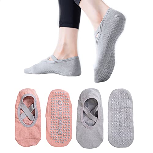 TSHAOUN 2 Paar Yoga Socken rutschfeste, rutschfeste Pilates-Socken für Damen, antirutschsocken für Yoga, Pilates, Tanz und Ballet, Aerobic und Fitness-Training, Stoppersocken (Rosa und Grau)