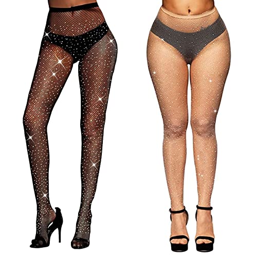 TSHAOUN 2 Pares Medias de Rejilla de Strass Mujer Medias Brillantes, Medias de Rejilla Elásticas Polainas Brillantes para Fiestas, Bailes, Espectáculos, Juegos de Rol, Halloween (Negro,Desnudo)