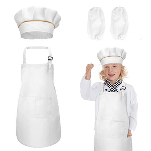 TSHAOUN Delantal Infantil Delantal para Niños + Gorro + Mangas De Cocinero Delantal Ajustable con 2 Bolsillos Disfraz Cocinero Niño para 5-12 Años Chico Chica Pintura y Hornear Cocinar (L, Blanco)