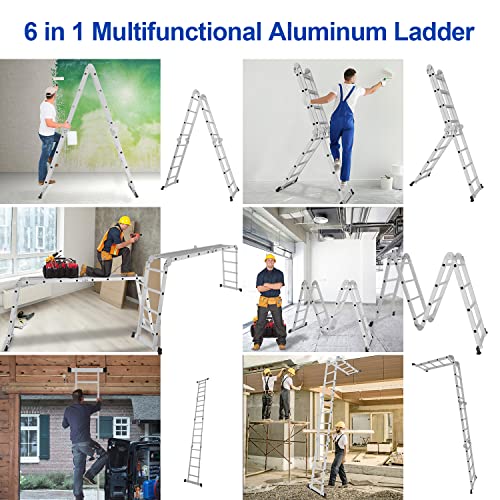 Tubiaz Escalera multiusos 7 en 1, 4 x 5, 582 cm, aluminio, plegable, con plataforma y ruedas, 20 peldaños, escalera de pie doméstica, carga máxima 150 kg