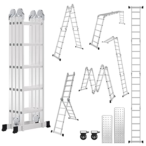 Tubiaz Escalera multiusos 7 en 1, 4 x 5, 582 cm, aluminio, plegable, con plataforma y ruedas, 20 peldaños, escalera de pie doméstica, carga máxima 150 kg