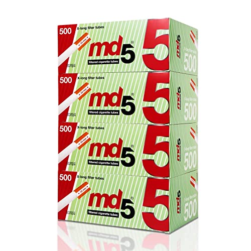 Tubos con filtro largo para rellenar MD5 | Pack de 10 cajas de 500 tubos de filtro largo. 5000 tubos extra largo para entubar cigarrillos. Cigarros vacíos x-long para rellenar con tabaco.