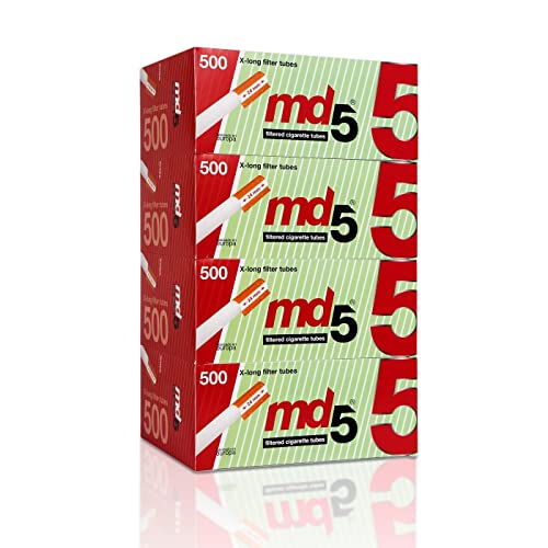 Tubos con filtro largo para rellenar MD5 | Pack de 10 cajas de 500 tubos de filtro largo. 5000 tubos extra largo para entubar cigarrillos. Cigarros vacíos x-long para rellenar con tabaco.