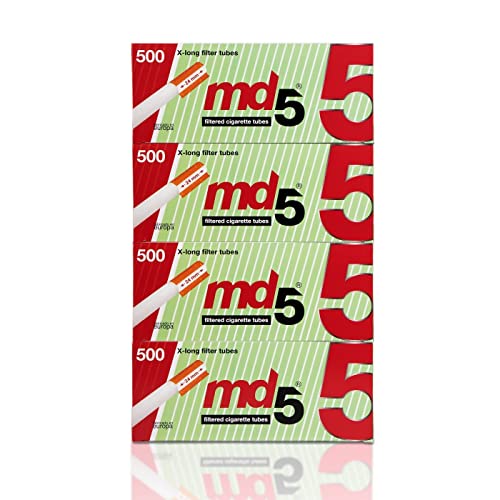 Tubos con filtro largo para rellenar MD5 | Pack de 10 cajas de 500 tubos de filtro largo. 5000 tubos extra largo para entubar cigarrillos. Cigarros vacíos x-long para rellenar con tabaco.