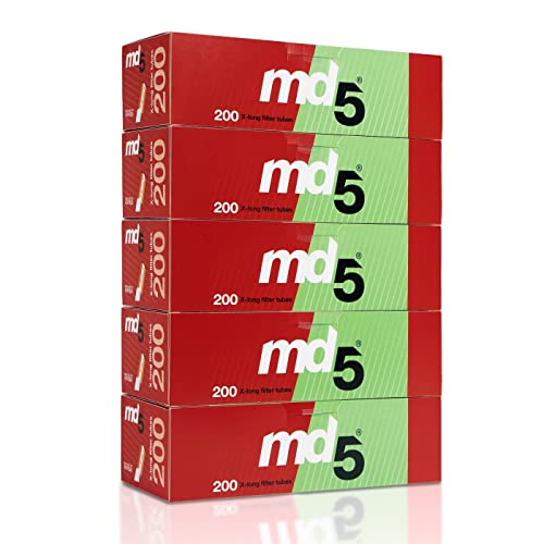 Tubos con filtro para rellenar MD5 | Pack de 5 cajas de 200 tubos de filtro largo – 1000 tubos extra largo para entubar cigarrillos – cigarros vacíos x-long para rellenar con tabaco.