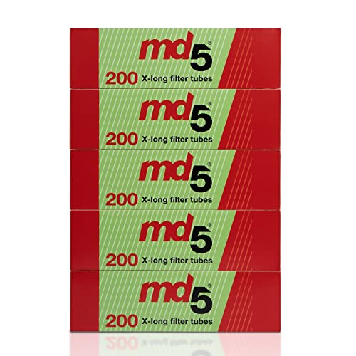 Tubos con filtro para rellenar MD5 | Pack de 5 cajas de 200 tubos de filtro largo – 1000 tubos extra largo para entubar cigarrillos – cigarros vacíos x-long para rellenar con tabaco.