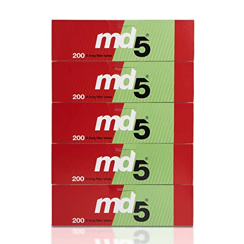 Tubos con filtro para rellenar MD5 | Pack de 5 cajas de 200 tubos de filtro largo – 1000 tubos extra largo para entubar cigarrillos – cigarros vacíos x-long para rellenar con tabaco.