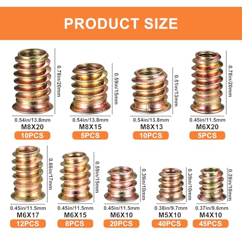 Tuerca de Inserción de Madera, 155 Unidades, Tornillos con Rosca M4 M5 M6 M8, Hexagonales para Muebles de Madera, Color Zinc.