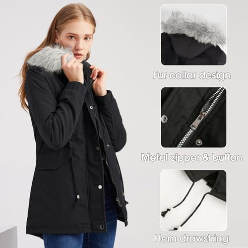 Tuopuda Abrigo Parka Mujer Largo con capucha de piel Abrigo Gruesa de Lana para Mujer con Bolsillos Chaqueta Cremallera de invierno Abrigo cálido a Prueba de Viento(Negro,L)