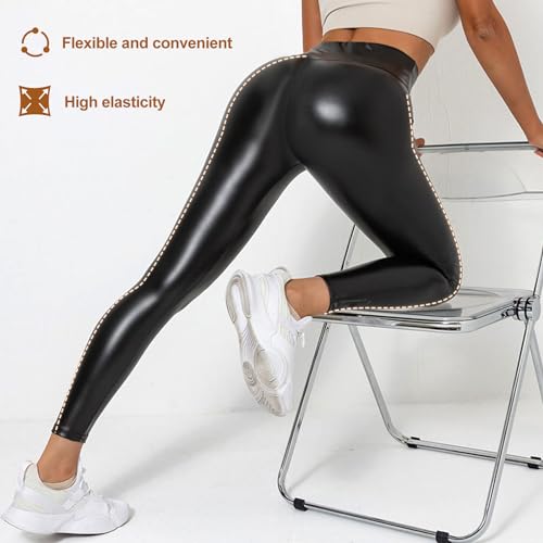 Tuopuda Mujeres PU Leggins Mujer Leggings Cuero Mujer Negro Cintura Alta Brillante Mate Pantalón Elásticos Skinny Sexy Sintetico PU Pantalones(Negro (Sin vellón),XL)