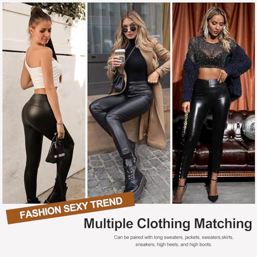 Tuopuda Mujeres PU Leggins Mujer Leggings Cuero Mujer Negro Cintura Alta Brillante Mate Pantalón Elásticos Skinny Sexy Sintetico PU Pantalones(Negro (Sin vellón),XL)