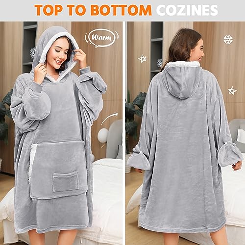 Tuopuda Sudadera con Capucha Cálida Manta con Gigante Bolsillos Sherpa Sudadera para Mujeres y Hombres(Gris Claro)