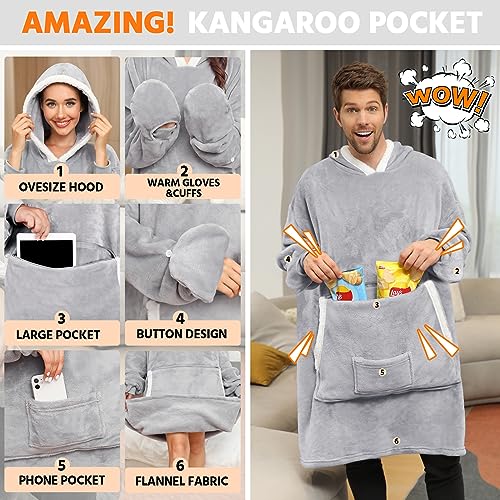 Tuopuda Sudadera con Capucha Cálida Manta con Gigante Bolsillos Sherpa Sudadera para Mujeres y Hombres(Gris Claro)