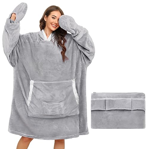 Tuopuda Sudadera con Capucha Cálida Manta con Gigante Bolsillos Sherpa Sudadera para Mujeres y Hombres(Gris Claro)