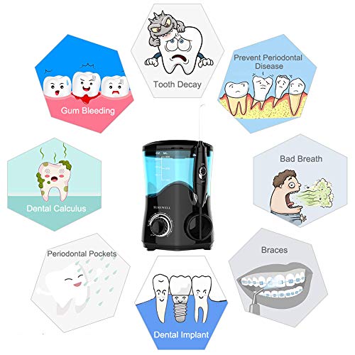 TUREWELL Irrigador Dental Bucal Professionale con 8 Boquillas Multifuncionales, Capacidad de 600ml, 10 Ajustes de Presión del agua, Limpieza Dientes, Negro