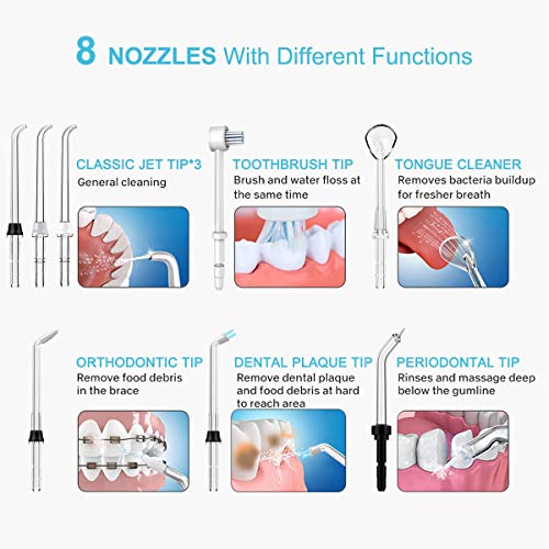 TUREWELL Irrigador Dental Bucal Professionale con 8 Boquillas Multifuncionales, Capacidad de 600ml, 10 Ajustes de Presión del agua, Limpieza Dientes, Negro