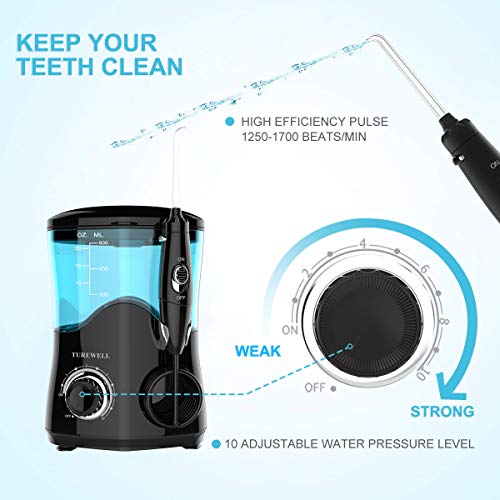 TUREWELL Irrigador Dental Bucal Professionale con 8 Boquillas Multifuncionales, Capacidad de 600ml, 10 Ajustes de Presión del agua, Limpieza Dientes, Negro