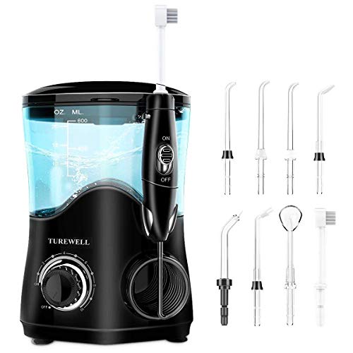 TUREWELL Irrigador Dental Bucal Professionale con 8 Boquillas Multifuncionales, Capacidad de 600ml, 10 Ajustes de Presión del agua, Limpieza Dientes, Negro