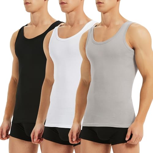 TUUHAW Camiseta Tirantes Hombre de Algodón 100% Camiseta Interior Hombre Pack de 3 Camiseta Sin Mangas para Hombre Cómodo Tank Top Gym Negro Blanco Gris L