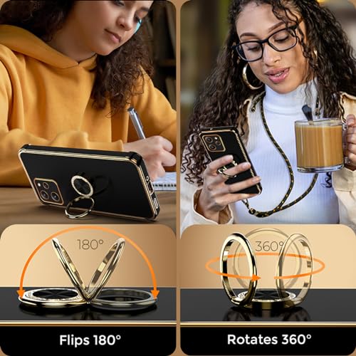 TUUTPU Funda para Xiaomi Redmi 12 4G con Cuerda, Carcasa Love-Heart Patrón con Soportes Anillo de 360 Grados, Suave Silicona Antigolpes Caso con Movil Collar Correa de Cuello Cadena - Negro