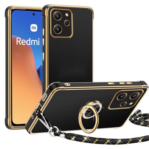 TUUTPU Funda para Xiaomi Redmi 12 4G con Cuerda, Carcasa Love-Heart Patrón con Soportes Anillo de 360 Grados, Suave Silicona Antigolpes Caso con Movil Collar Correa de Cuello Cadena - Negro